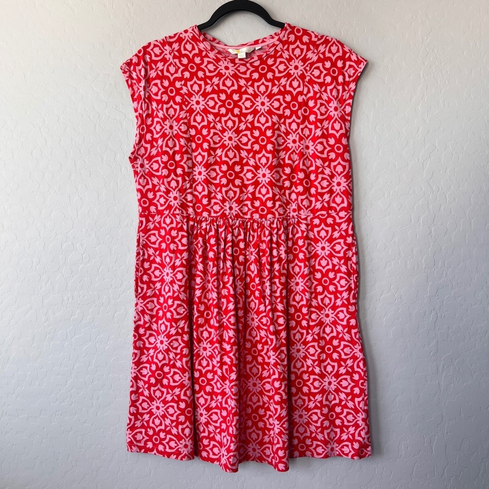 Boden Size UK 10 US 6 Red Pink Floral Cap Sleeve Gathered Waist Dress Pockets